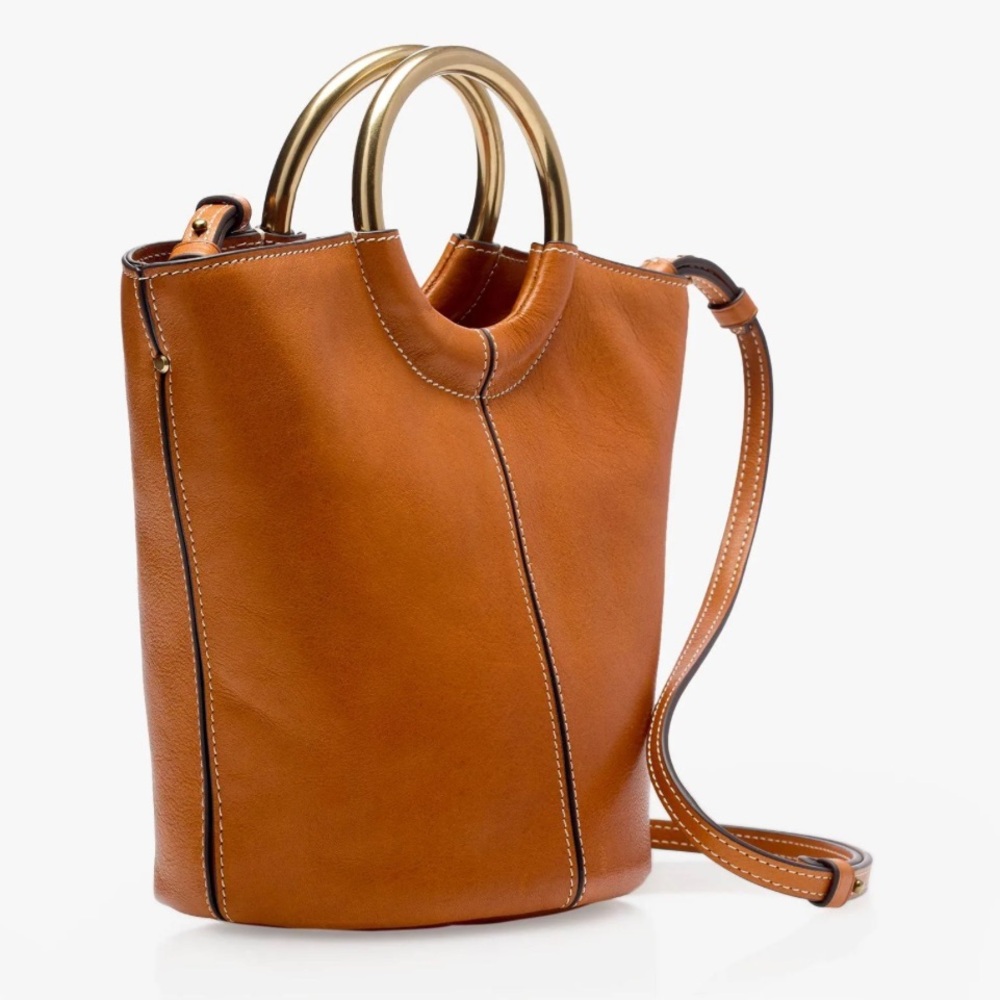 J.Crew Italian Leather Bucket Bag - Cognac Brown - Gold Ring Handles crossbody - Picture 3 of 4